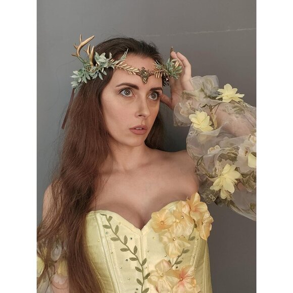 Woodland Gold Antler Crown Fairy Floral Circlet for Women Renaissance Halloween main image 5